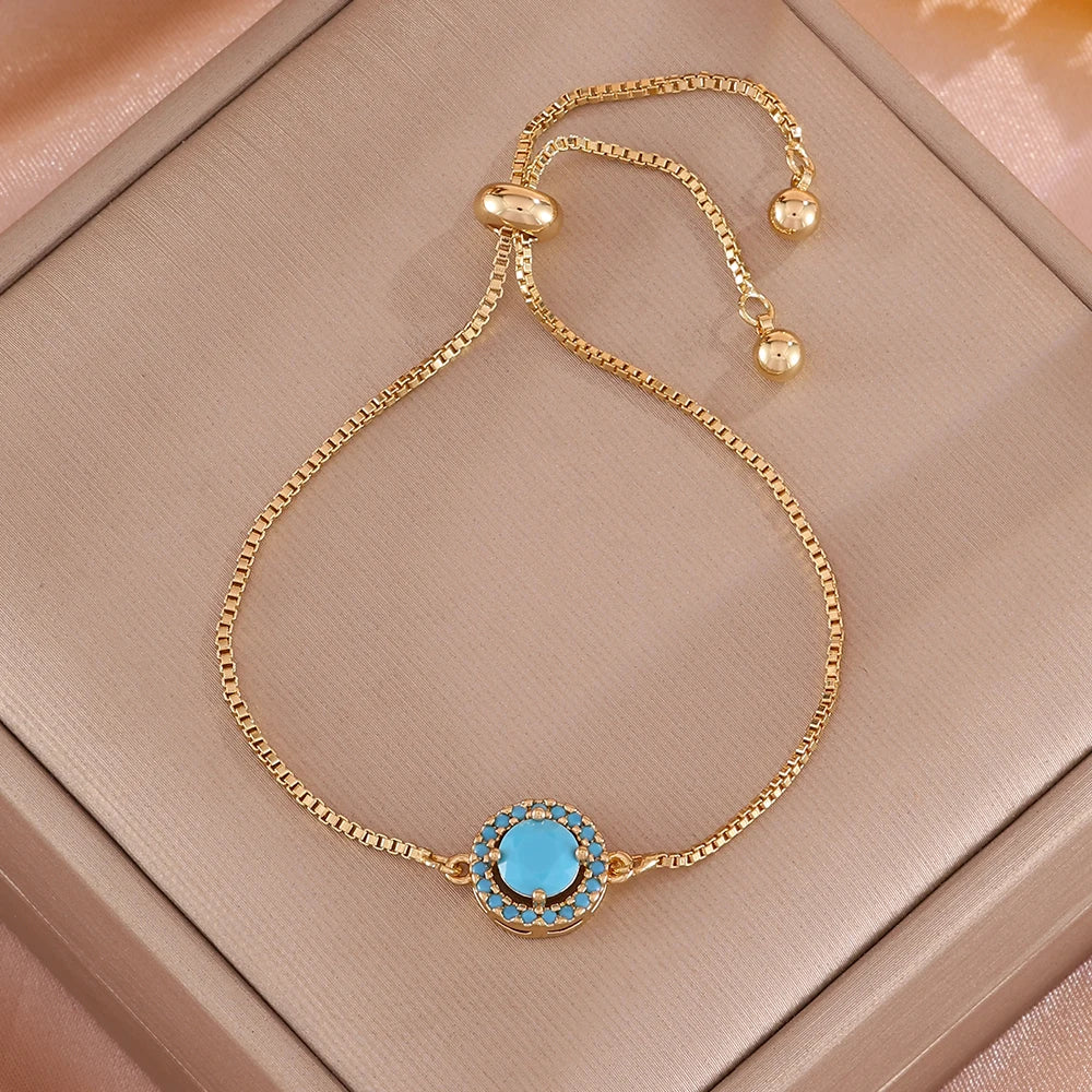 ZAKOL Simple Elegant Blue Turquoise Round CZ Adjustable Chain Bracelet Cute Daily Accessories for Women Girls