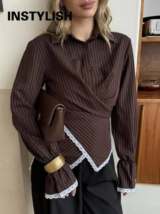 Women Y2K Striped Wrap Shirt Lapel Collar Long Sleeve Lace Trim Asymmetrical Slim Fit Blouse Vintage Spring Autumn Casual Tops
