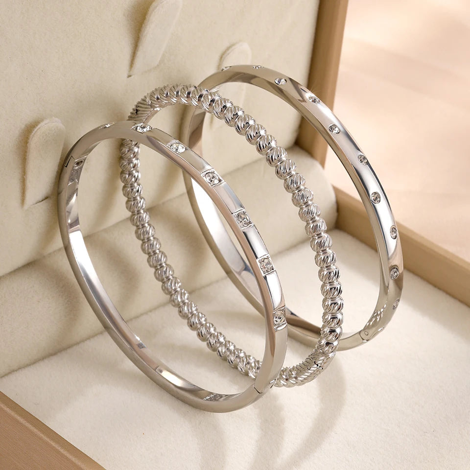 ZAKOL Stainless Steel Round Zircon Inlaid Bracelet Bangles for Women Three Colors Couple Holiday Gift Bracelet Party Daily Jewel