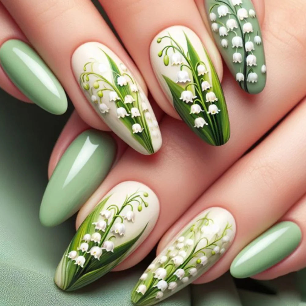 Medium fake nails for women girl green flrora blue black butterfly heart design Almond nail tips full cover press on false nail