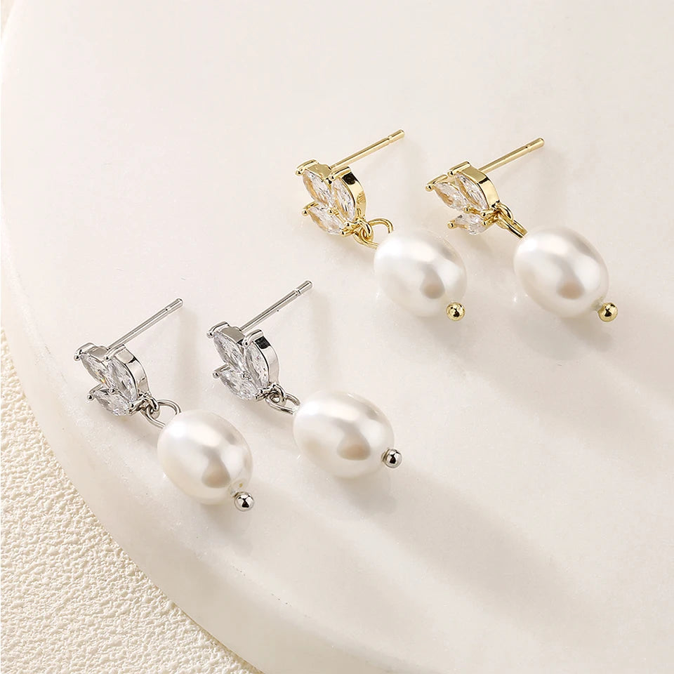 ZAKOL Fashion Leaf Shiny Zircon Pearl Drop Earring Necklaces Jewelry Sets for Women Charming Wedding Jewelry Gift