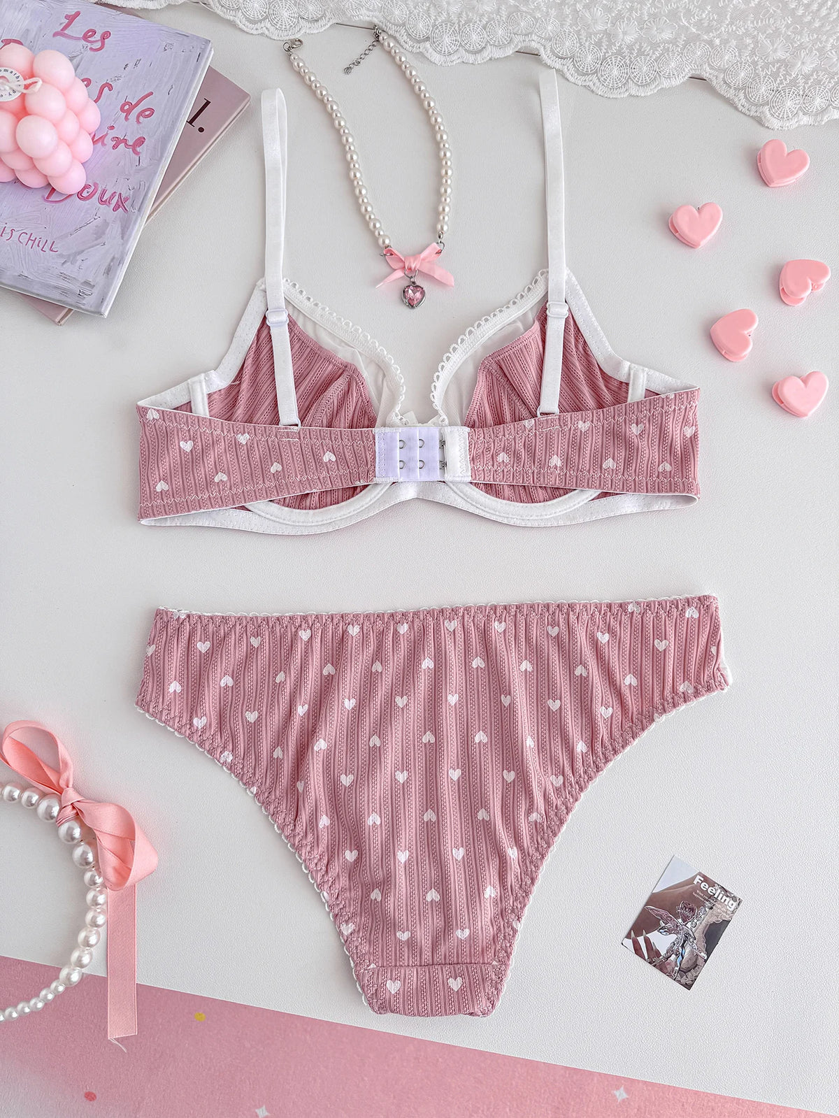 Pink Heart Print Women Lingerie Set Lace Mesh Underwire Unlined Bra Soft Comfort Daily Intimates Panties