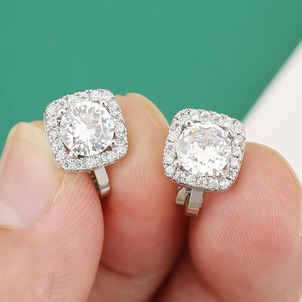 ZAKOL 6 Styles Sliver/Gold Color Shiny Cubic Zirconia Copper Ear Clips Geometric Square Heart Round CZ Stud Ear Accessories