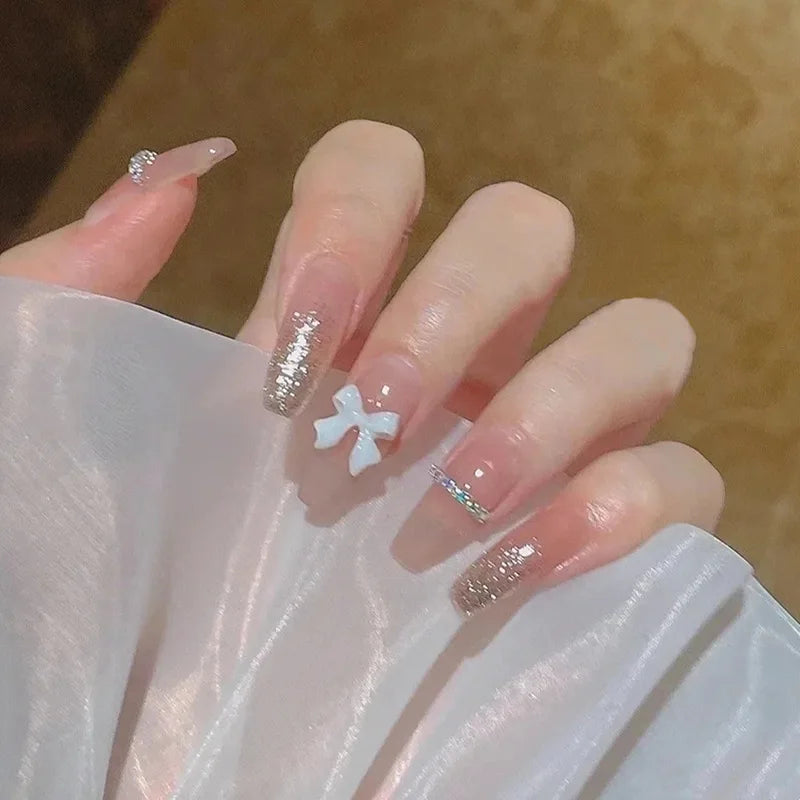 24Pcs Love Heart False Nails French Long Coffin Wearable Fake Nails Full Cover Bowknot/Moon Press on Nails Tips  for Women