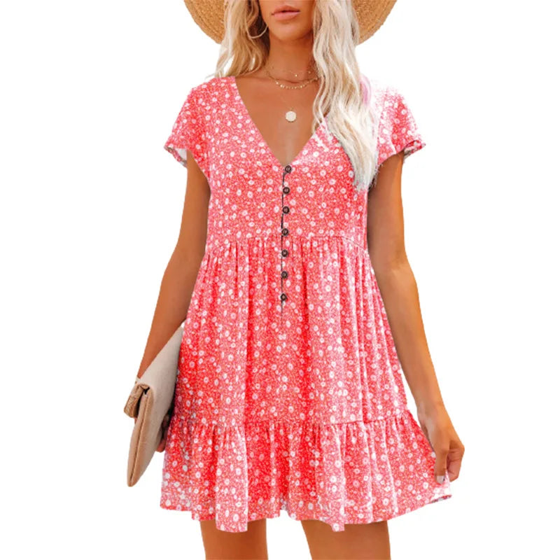 Women Summer Floral Print Short Sleeve V Neck A Line Dress Casual Boho Pleated Mini Dress Beach Party Vacation Sundress 2023