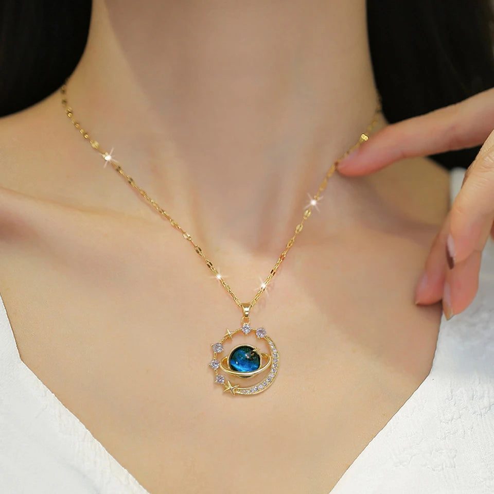 ZAKOL Delicate Micro-Inlaid Zircon Blue Planet Pendant Necklace for Women Titanium Steel Chain Collares Para Mujer