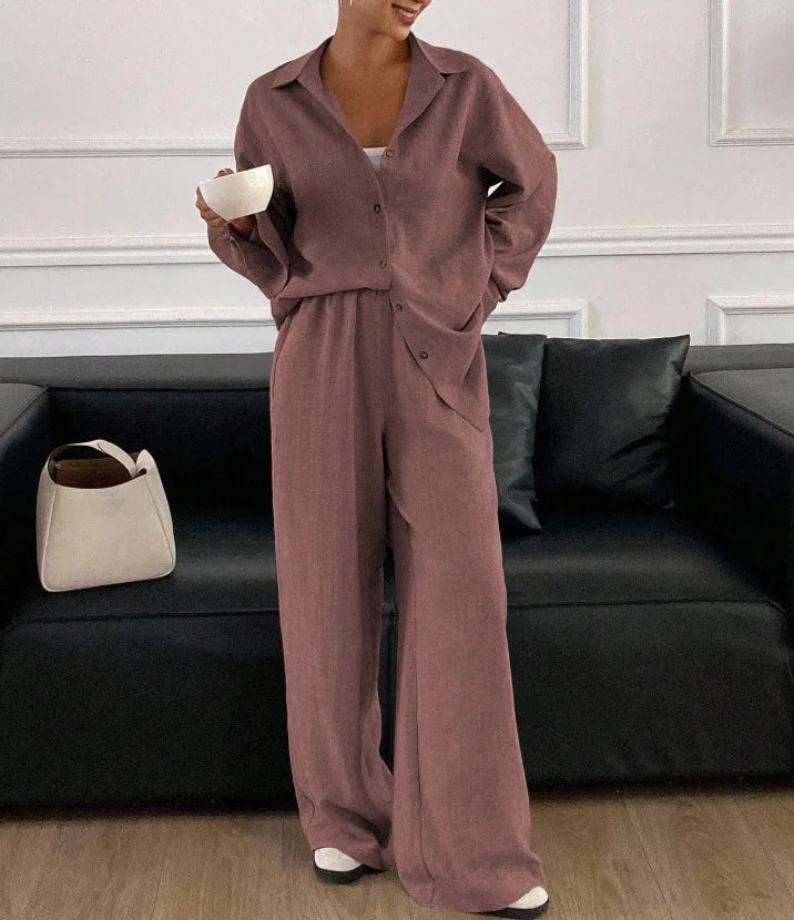 2026 New Women Linen Two Piece Outfit Set Lapel Long Sleeve Button Shirts Elastic Waist Wide Leg Pants Casual Loose Home Suit