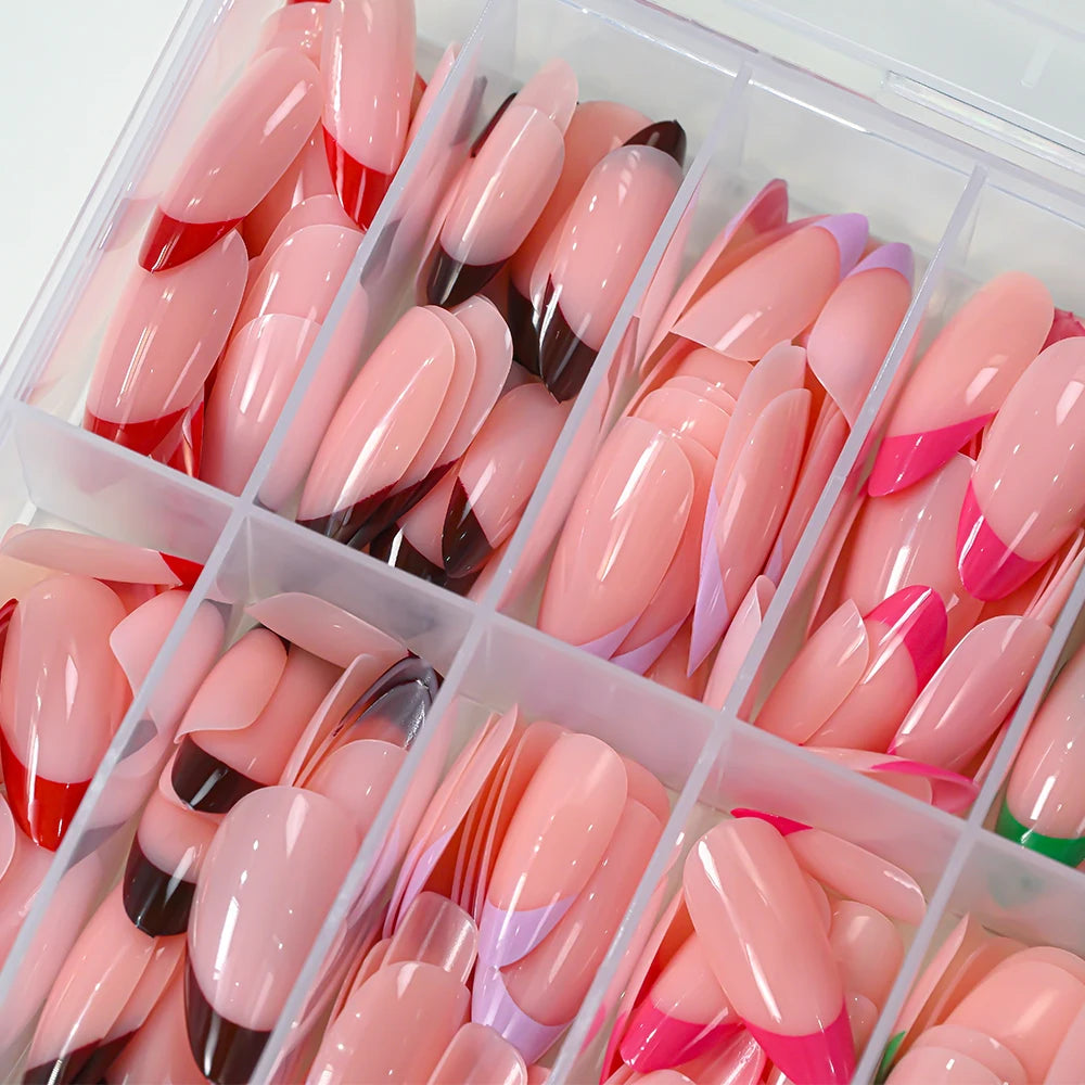 288Pcs Colorful Medium Almond French False Nails Red/Green/Pink/Purple Full Cover Fake Nails Tips Extension Women Press on Nails