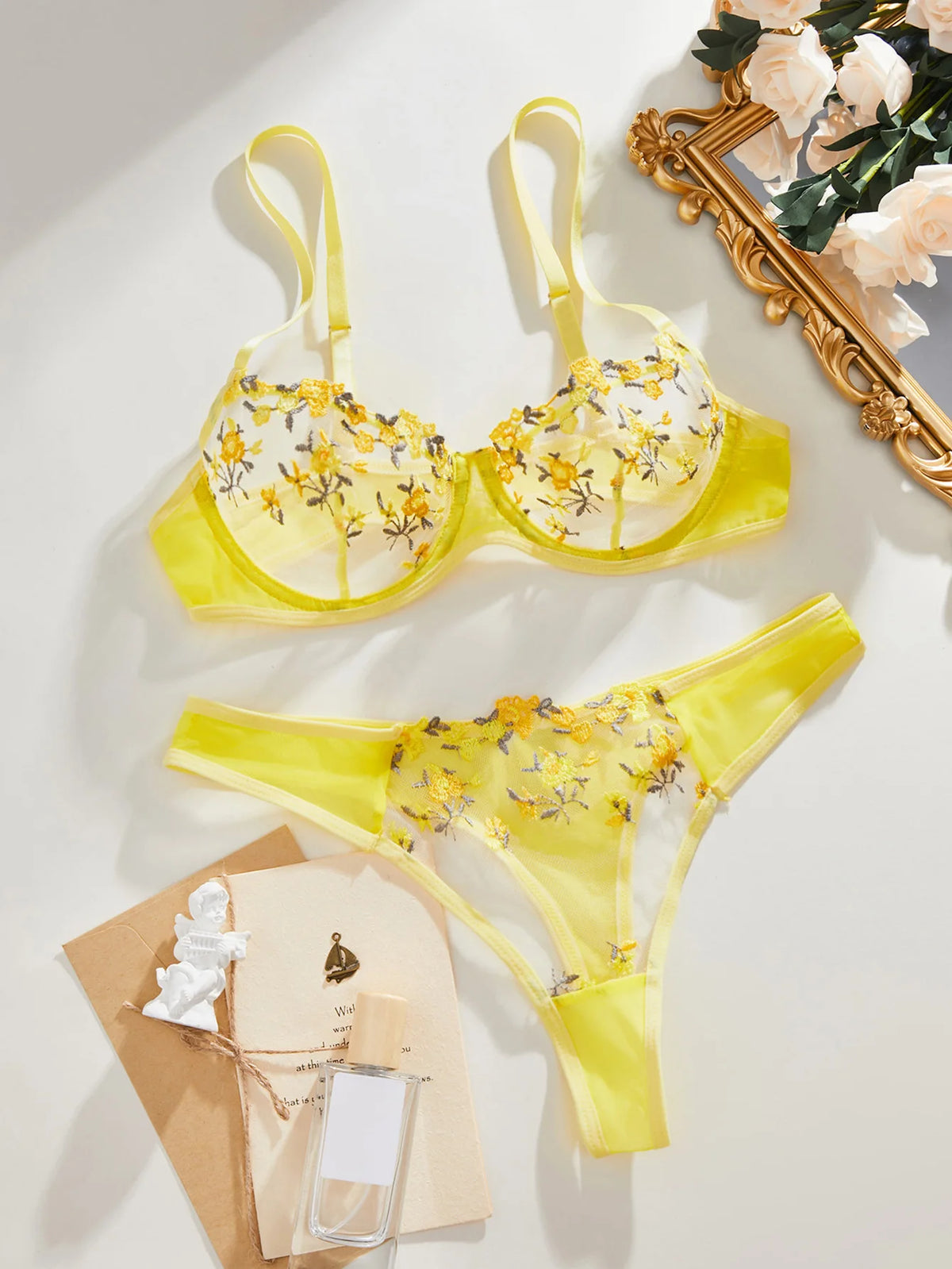 Yellow Floral Embroidery Bra Set Women's Half Cup Underwear Thin Breathable Thong 2-Piece Set Valentine's Day Gift