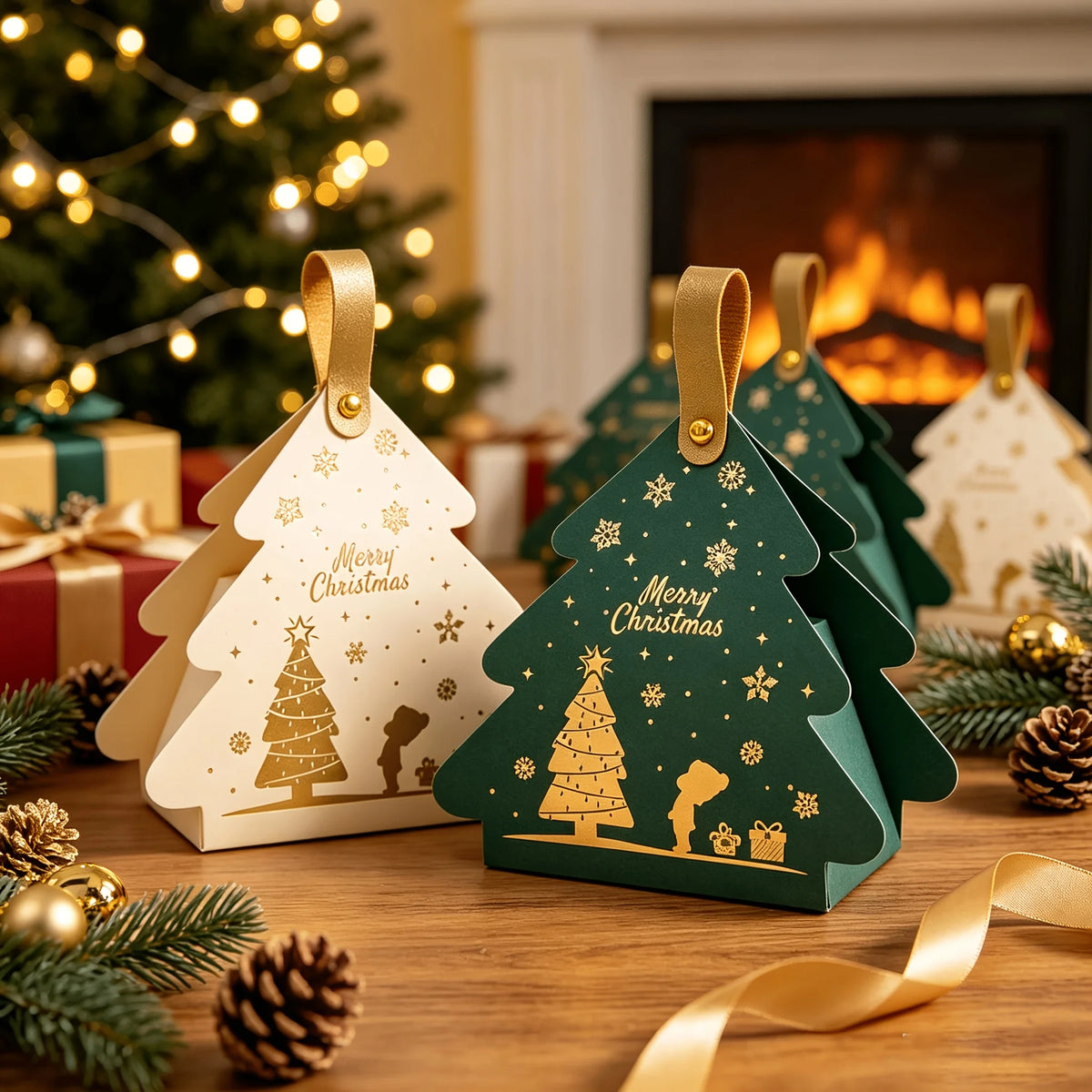 Christmas Tree Shaped Gift Box Set with Handle, Portable Paper Gift Bags,for Holiday Party Favors And Christmas Tree Decorations