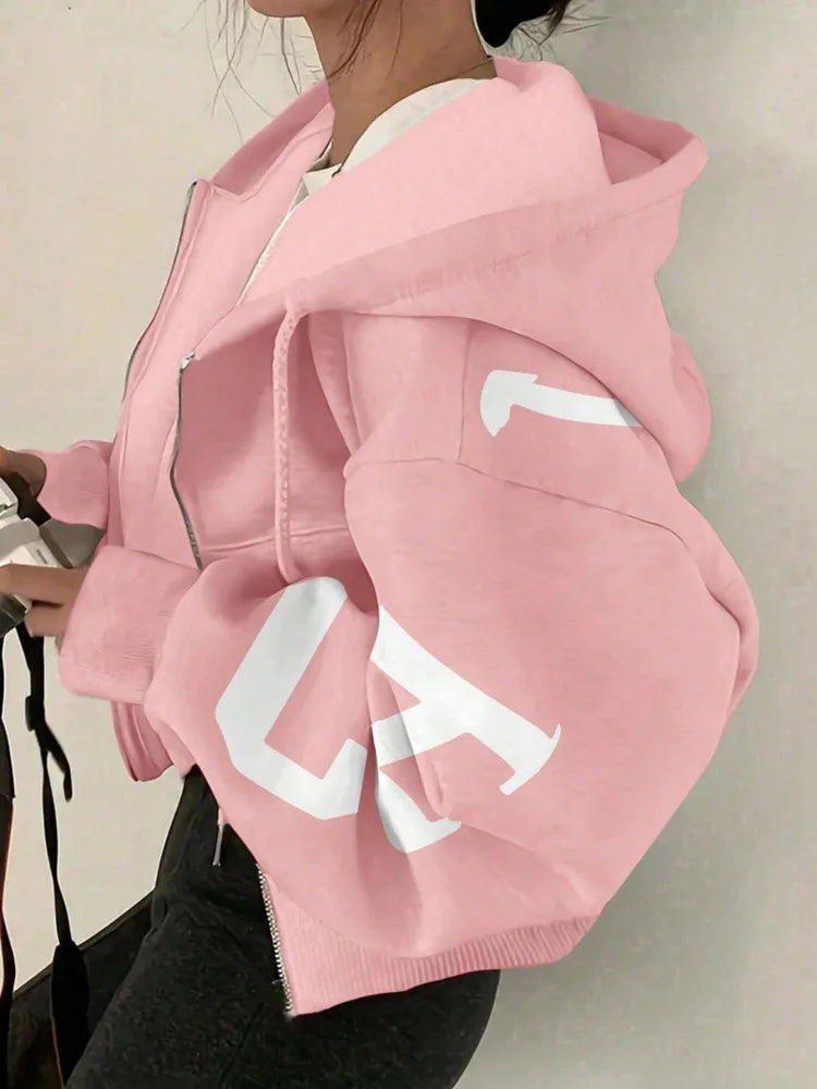 Women Y2K Crop Zip Up Hoodie Letter Print Oversized Long Sleeve Hooded Sweatshirt Casual Streetwear Short Jacket Outerwear