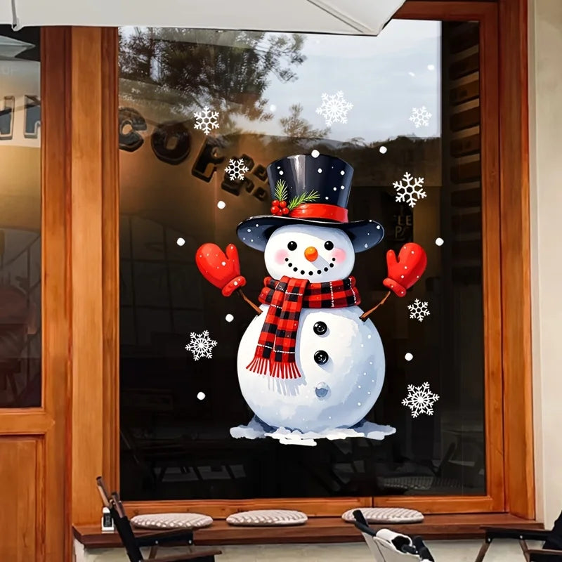 Christmas Window Cling, Static Sticker, Christmas Snowman, White Snowflake,Christmas Hat Elements Glass Sticker,for Home Windows