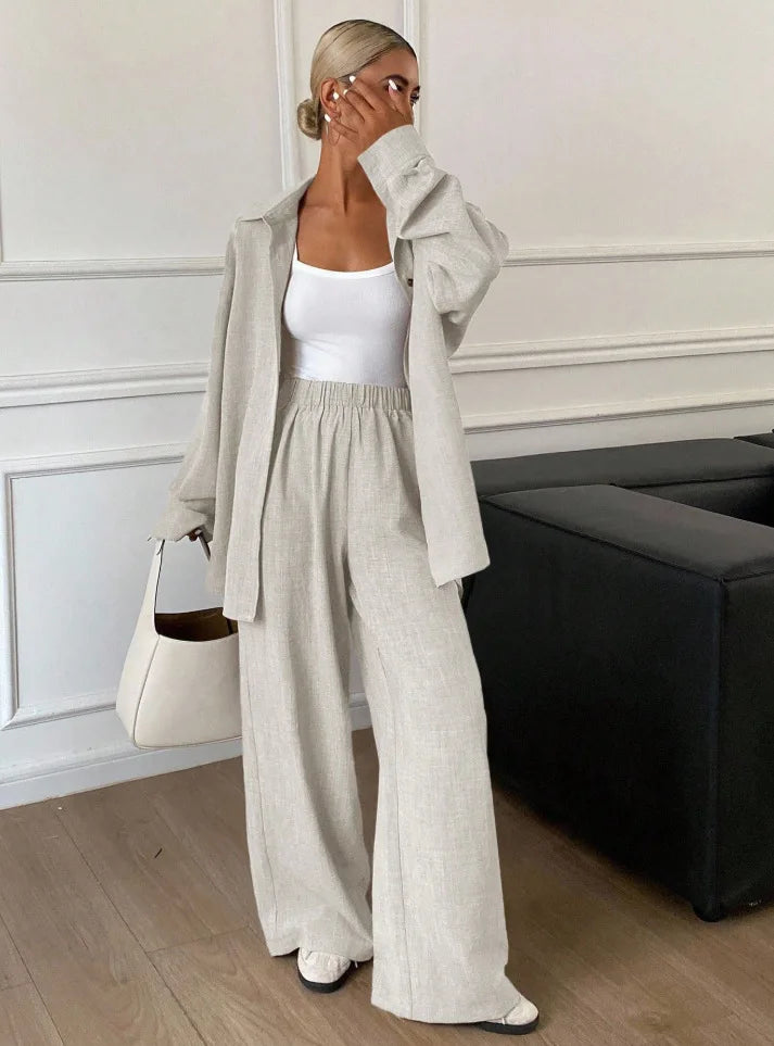 2026 New Women Linen Two Piece Outfit Set Lapel Long Sleeve Button Shirts Elastic Waist Wide Leg Pants Casual Loose Home Suit