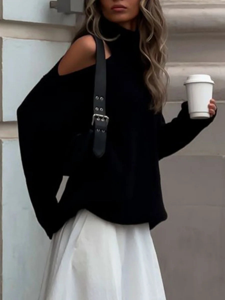 Women New Turtleneck Cutout Shoulder Pullover Long Sleeve Ribbed Knit Trendy Loose Fit Sweater Autumn Winter Fashion Streetwear