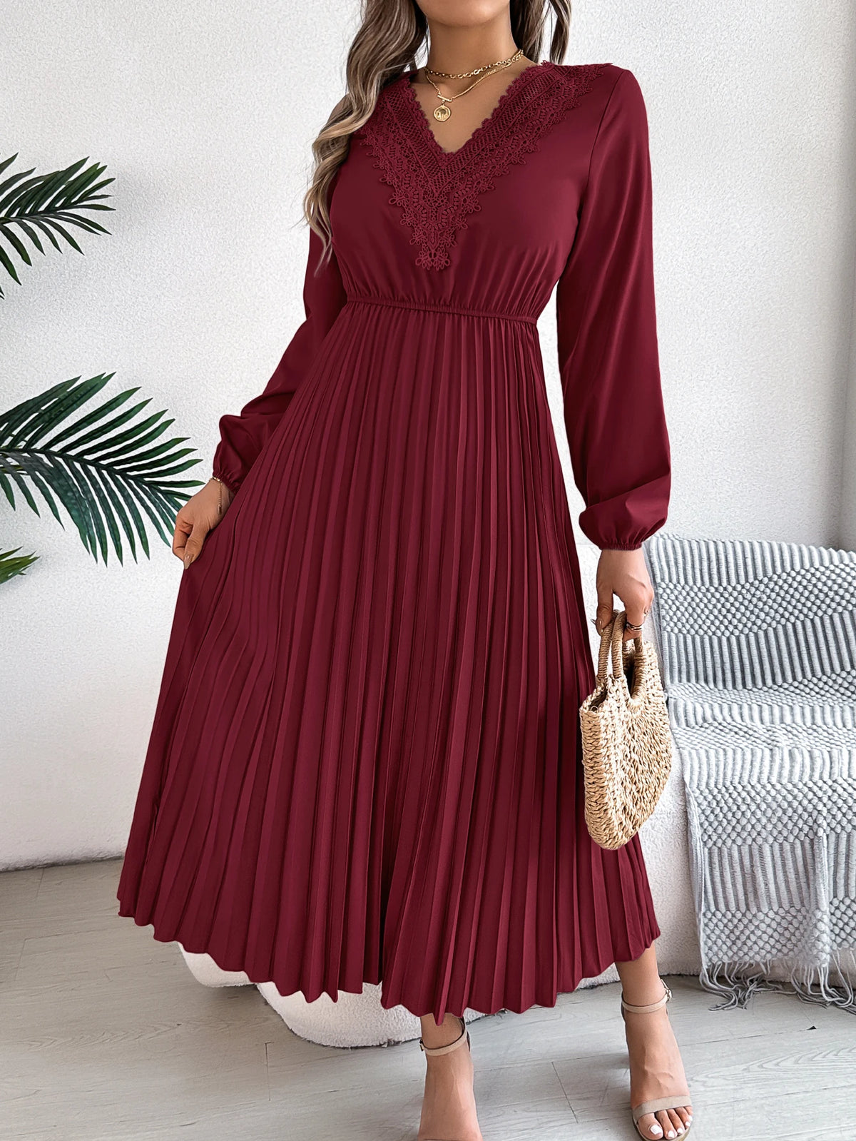 2026 Fashion Lace V Neck Lantern Long Sleeve Maxi Dress for Women Autumn Winter Casual Solid Color Pleated Dresses Khaki Red
