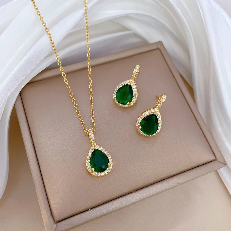 ZAKOL Exquisite Stainless Steel Green Water Droplet Inlay Zircon Pendant Necklace Earrings Set Trend Jewelry Gift for Women