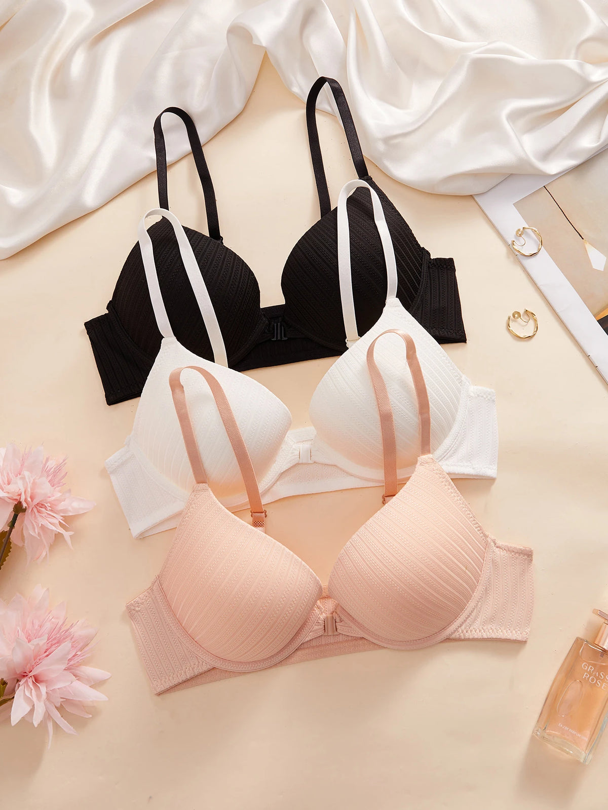 1 3 5Pcs Everyday Solid Women Bra Front Closure Push up Sexy Bras Ribbed Unlined Sweet Women's Underwear