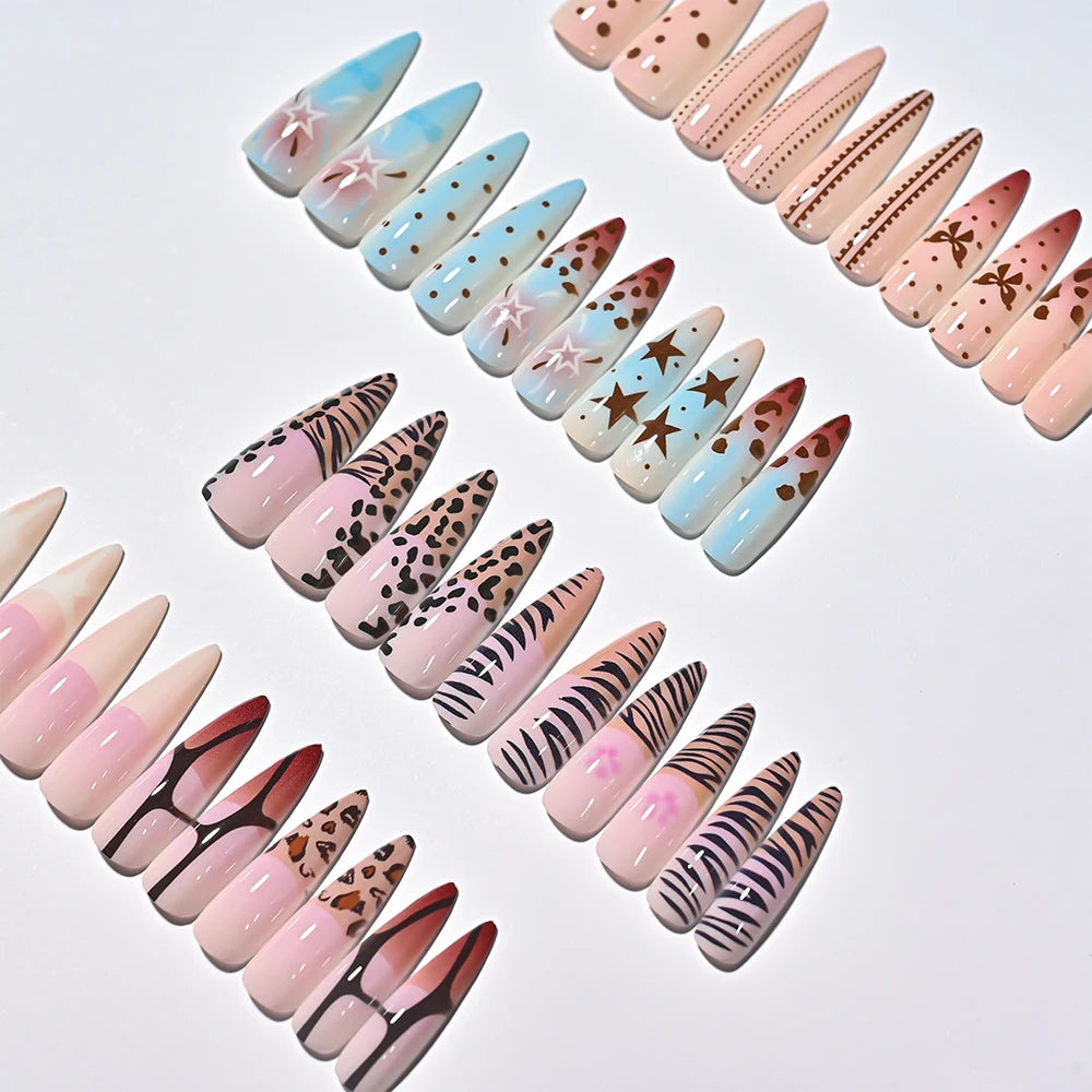 96Pcs French Almond Full Cover Fake Nail with Leopard Print Design 3D Bow Star Long Stiletto False Nails Women Press on Nails