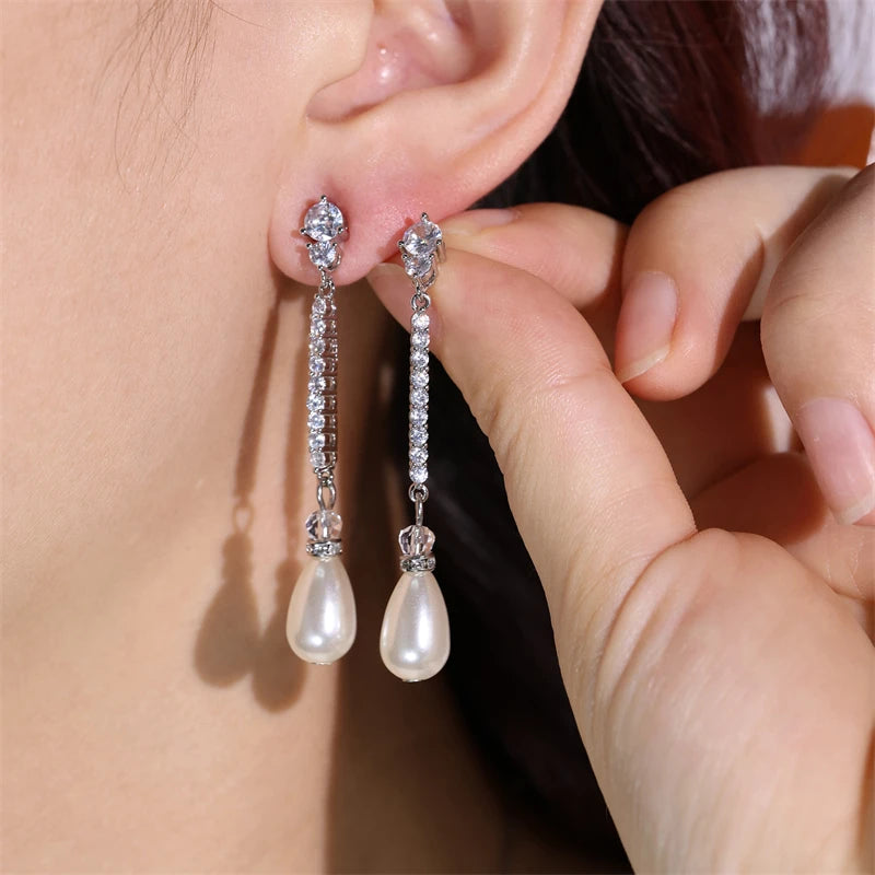 ZAKOL Elegant Pearl Long Drop Earring for Women Luxury Glamor Bridal Earring Shiny Zircon Wedding Jewelry