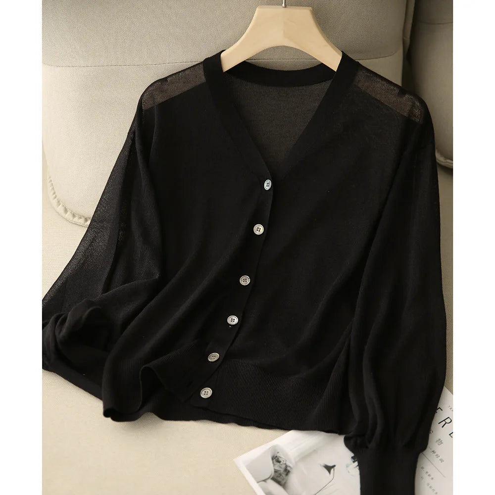 Women Elegant V Neck Single Breasted Thin Sun-proof Cardigan Elegant Korean Knit Simple Solid Sheer Tops Summer Casual Outwear