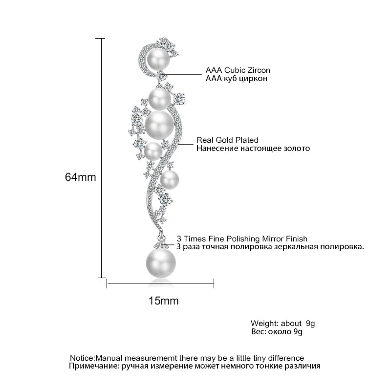 ZAKOL Luxury Shiny AAA Cubic Zirconia Hanging Earrings for Women Imitation Pearl Bridal Long Earring Women's Wedding Jewelry