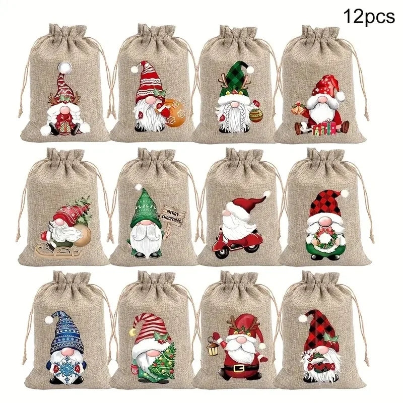 12/24Pcs Pack Christmas Gift Wrapping Bags with Drawstring Closure -for Small Trinkets, Apples, Candies,Gift for Holiday Parties