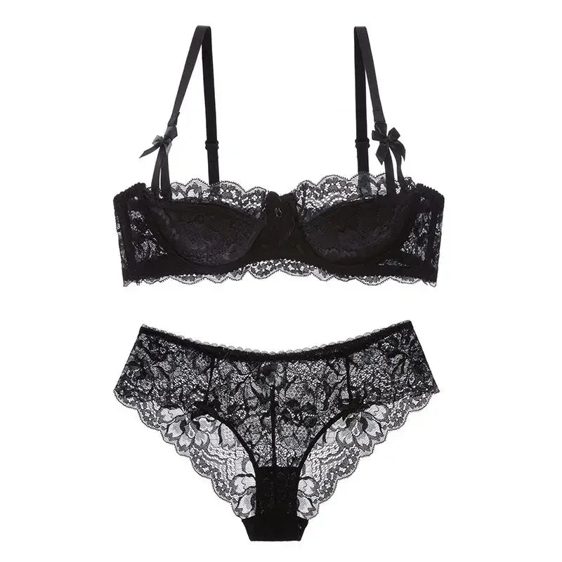 MOYISU 1/2 Ear AB Cup Pure Desire Girl Bra Set | Pull-up Bra Set With Bow Breathable French Lace Bra | Anti-Slip Cup Date Night