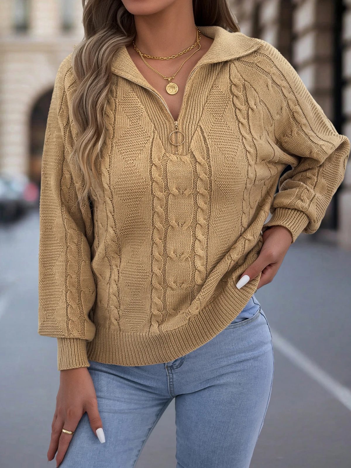 Women's Casual Turn Down Collar Half Zipper Sweaters 2026 Autumn Winter Lantern Long Sleeve Twist Knitted Tops Orange Khaki Red