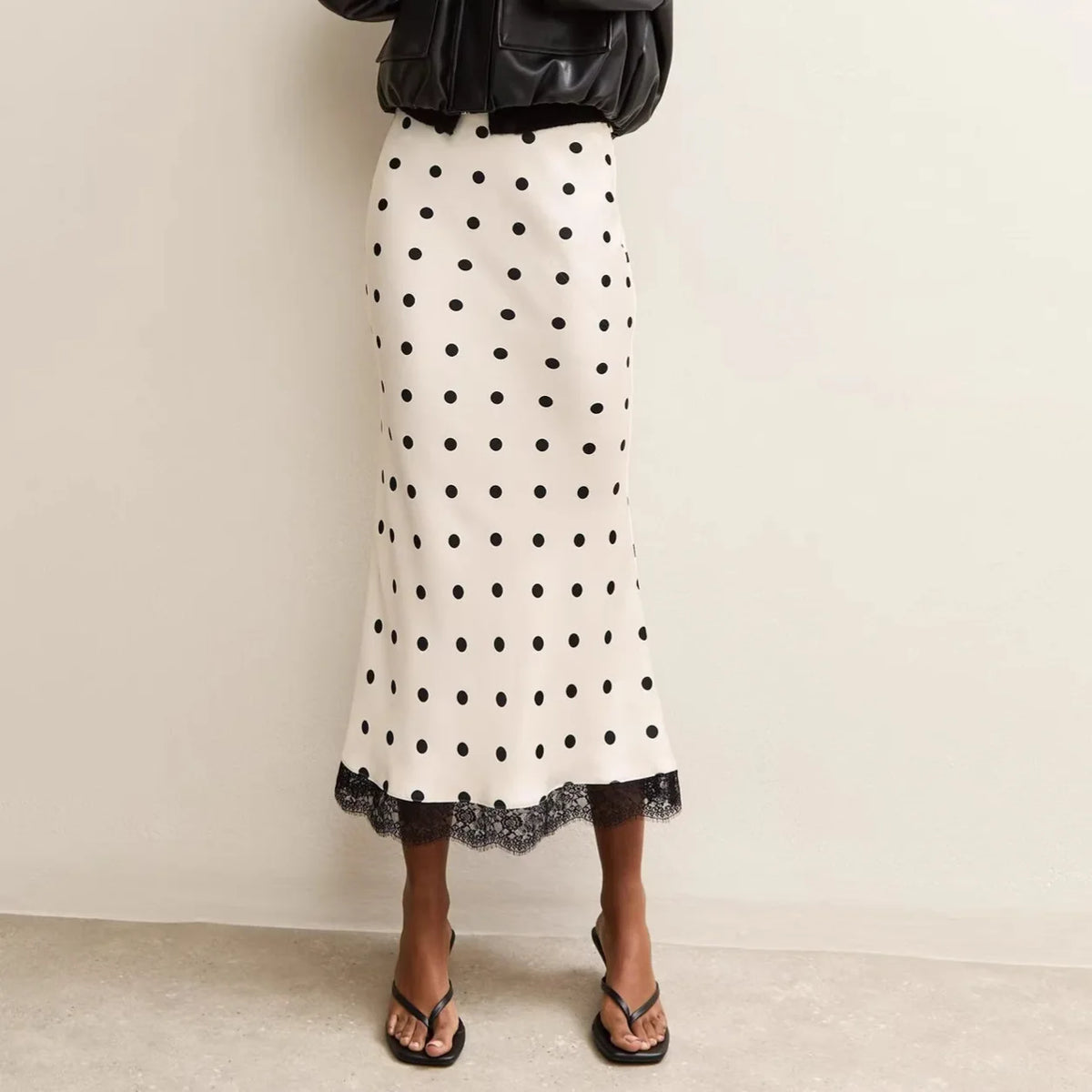 Elegant Polka Dot Skirt For Women Casual High Waist Satin Silk Patchwork Lace Midi Skirts 2026 Y2k Vintage Female Streetwear
