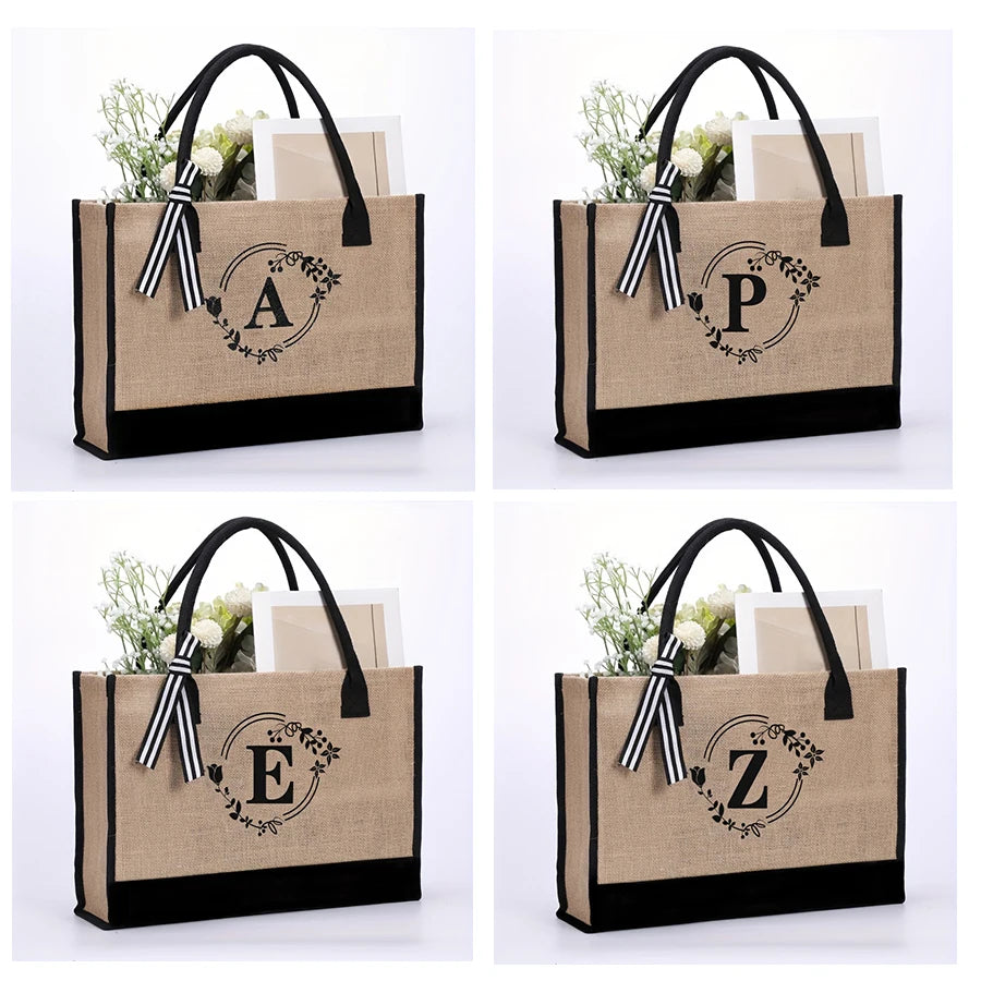 Personalized alphabet printed single shoulder linen men's bag large capacity handbag open handle handbag handbag