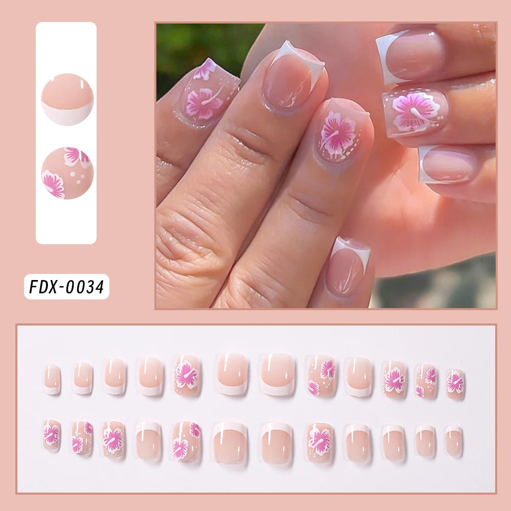 24pc Short Square French Fake Nails with Pearl Bow Acrylic Pink False Nail Wearable Press on Nails Full Cover Nail Tips
