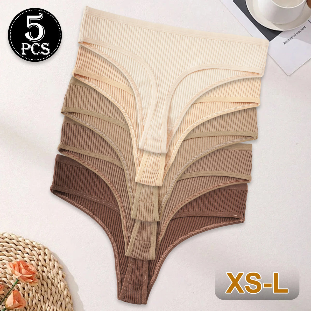5PCS New Maillard Color Women's G-Strings Breathable Cotton Fabric Panties Sexy Low Waist Striped Thongs Female Bikini Lingerie