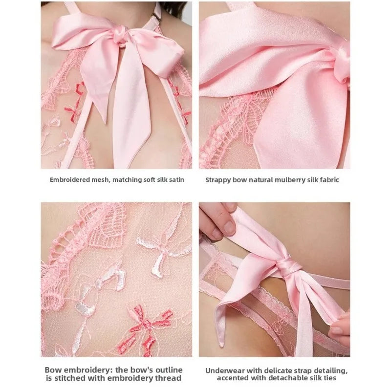 Women's Embroidered Ribbon Bow Bralette & Panty Set, Butterfly Mambo Pure Desire Wireless Comfort Bra for Daily Wear MOYISU Sexy