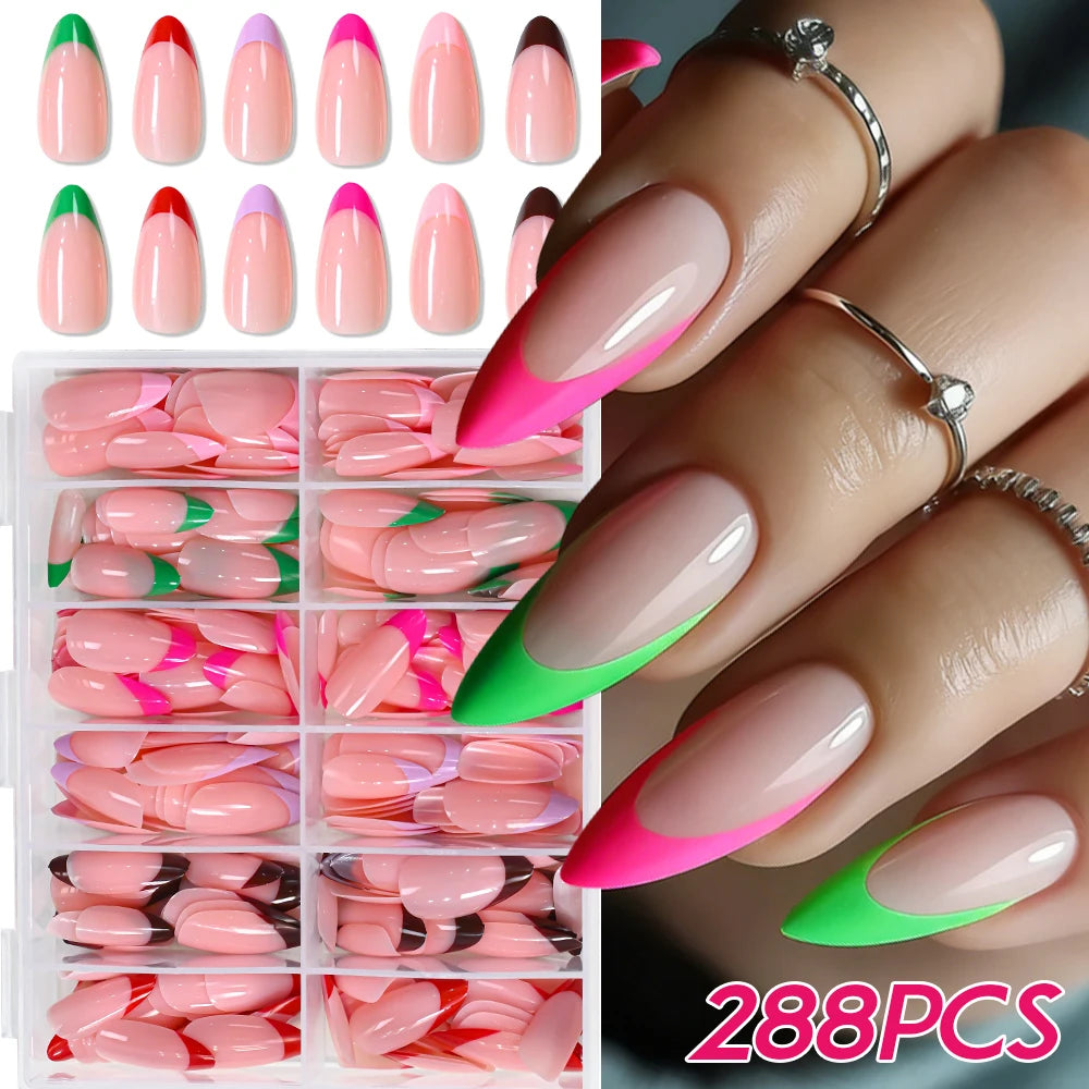 288Pcs Colorful Medium Almond False Nails Stiletto Full Cover Fake Nails Tips Extension Artificial Wearable Press On Nails