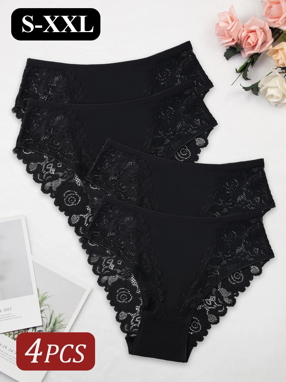 4PCS Black Lace Sexy Women's Underwear Elegant Lace Floral Cotton Splicing Panties Comfort Breathable Briefs Lingerie Everyday