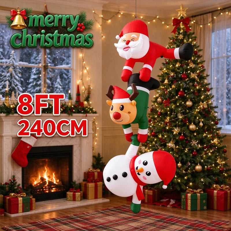 Christmas Hanging Inflatable Decorations 8FT, Stacked Santa, Reindeer & Snowman Blow Up Ornament, Hanging for Balcony, Roof, Win