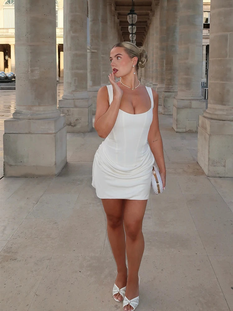 Sexy Lace Up Backless Ruched Mini Dress Women Apered Strap Square Collar Sleeveless Bodycon Dresses Lady Club Party Evening Robe