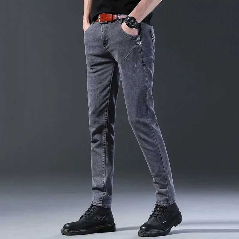 New Men Fashion Casual Business Denim Pants Male Slim Fit Straight Leg Trousers Stretch Solid Pants Size 27-38