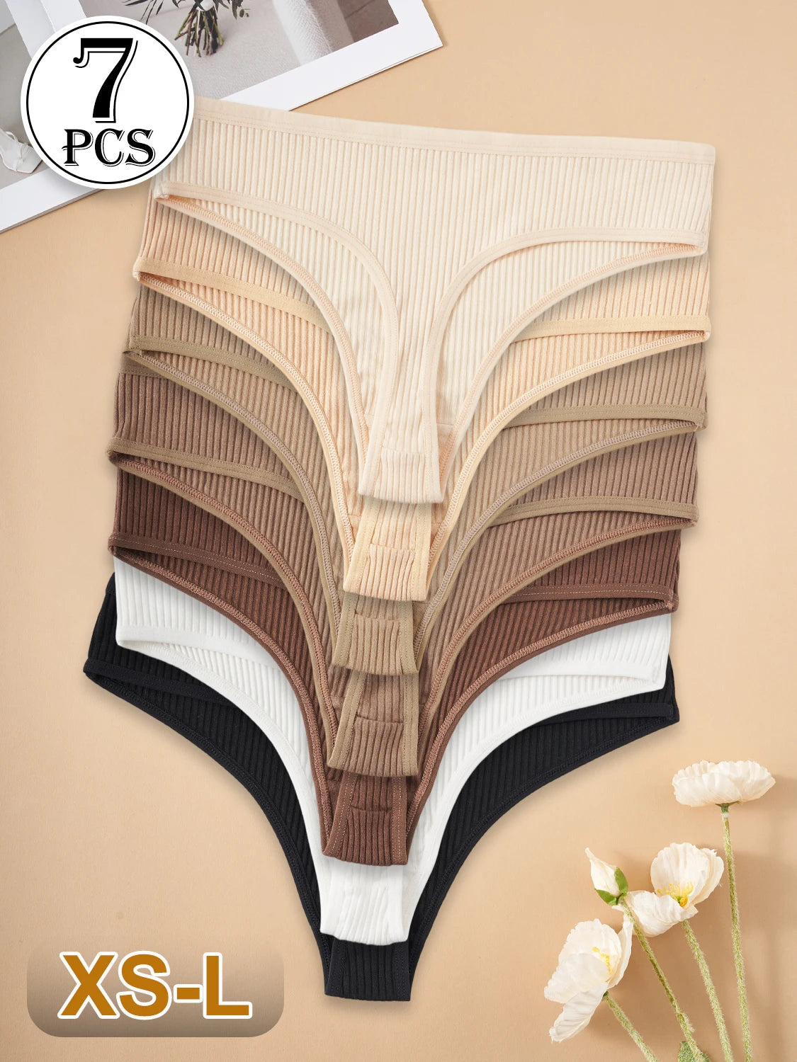 7PCS Women Cotton G-Strings Comfortable Breathable Sexy Low-Rise Panties Girls Solid Color Ribbed Thongs Casual Bikini Lingerie