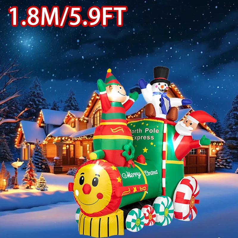 1.8M/5.9FT High Quality Christmas Inflatable Led Light-Up Santa Claus Train With Gift Box Christmas Inflatable Santa with Blower