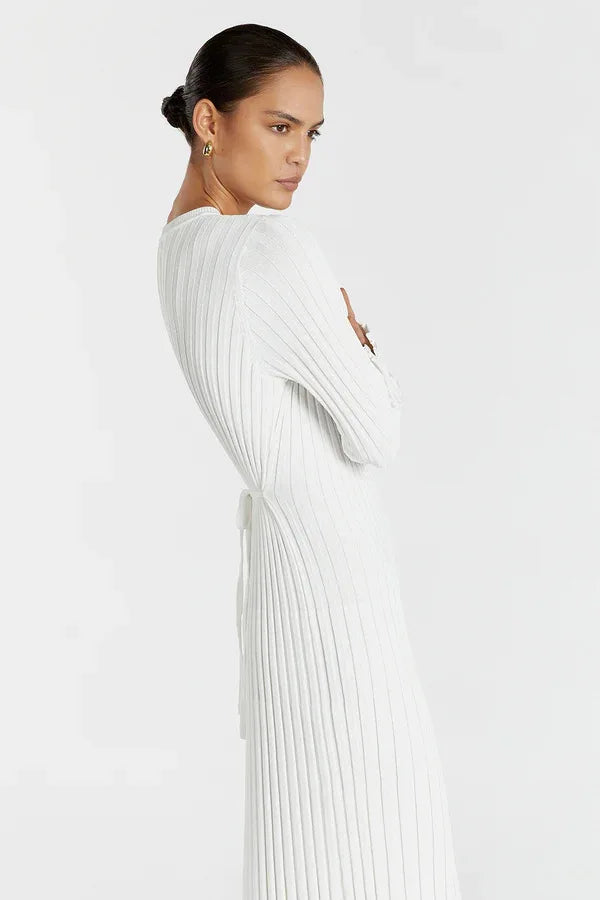 Vintage Lace-Up Female Knit Maxi Dress Elegant High Waist Patchwork Long Sleeve Loose Solid Dress Bodycon Knitwear Basic Dresses