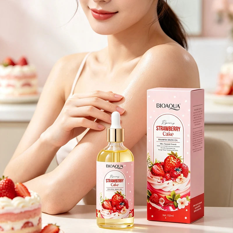 Fruity Strawberry Cake Body Oil 100ml Soothing Smoothing Body Massage Oil Moisturizing Improve Rough Dry Skin Daily Body Care