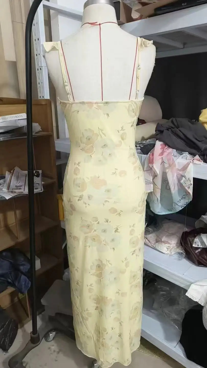 Elegant Summer Print Floral Dress Women V-neck Slim Ruffles Sleeveless Backless Long Dresses 2026 Beach Vacation Lady Vestidos