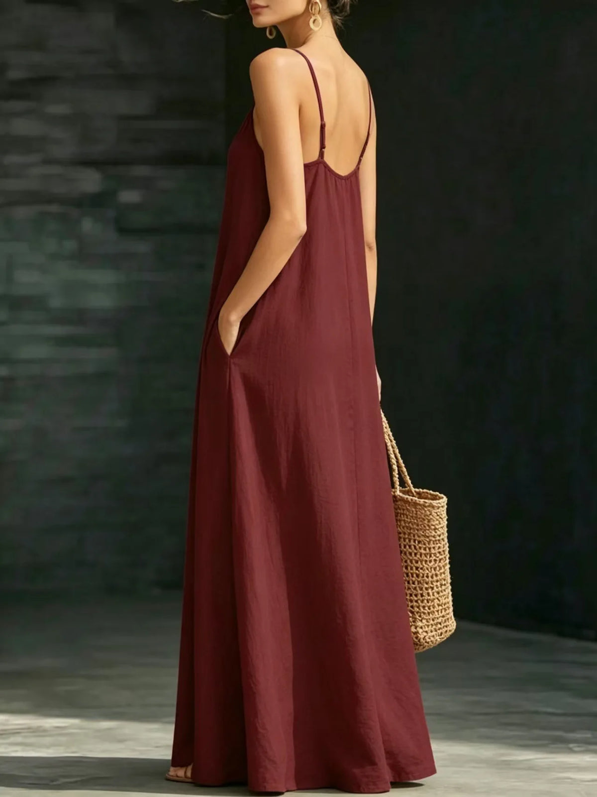 Women Linen Spaghetti Strap Maxi Dress V Neck Loose Swing Long Dress With Pockets Casual Summer Beach Vacation Sundress Ladies