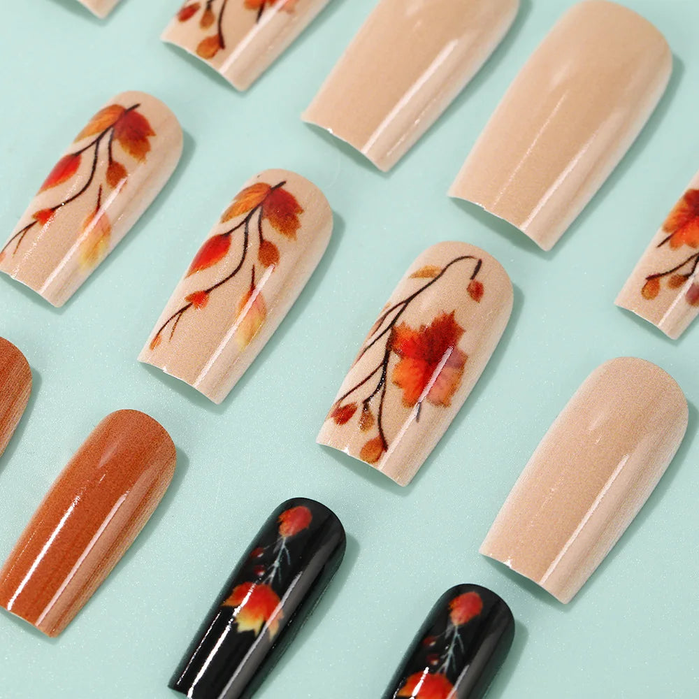 Medium long fake nails for women gilrs gradient brown coffee flora leaf design reusable full over press on Artificial Nails set