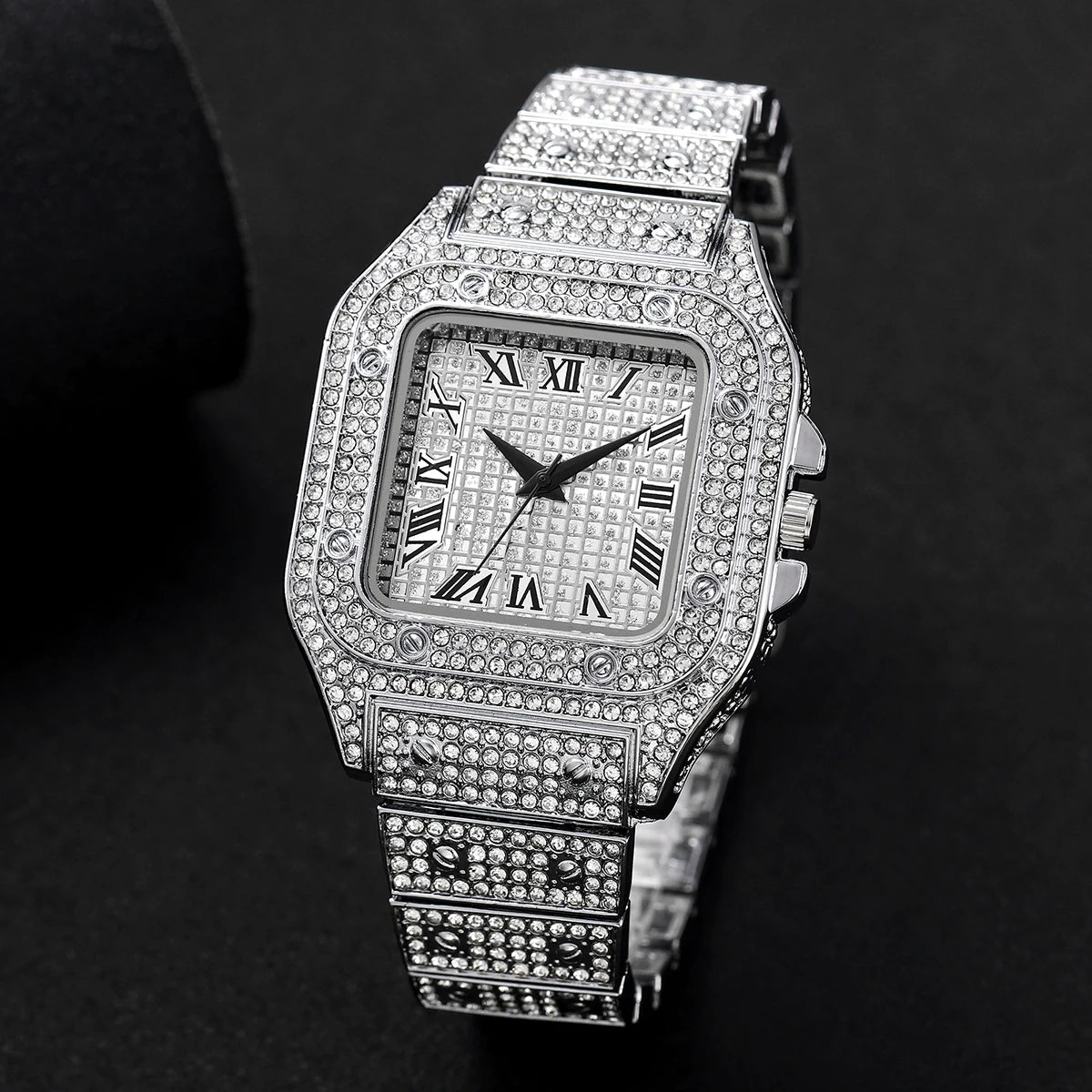 4PCS Fashion Iced Out Square Men Watch Cuban Chain Bracelet Necklaces Set Luxury Diamond Quartz Wristwatch Jewelry（Without Box）