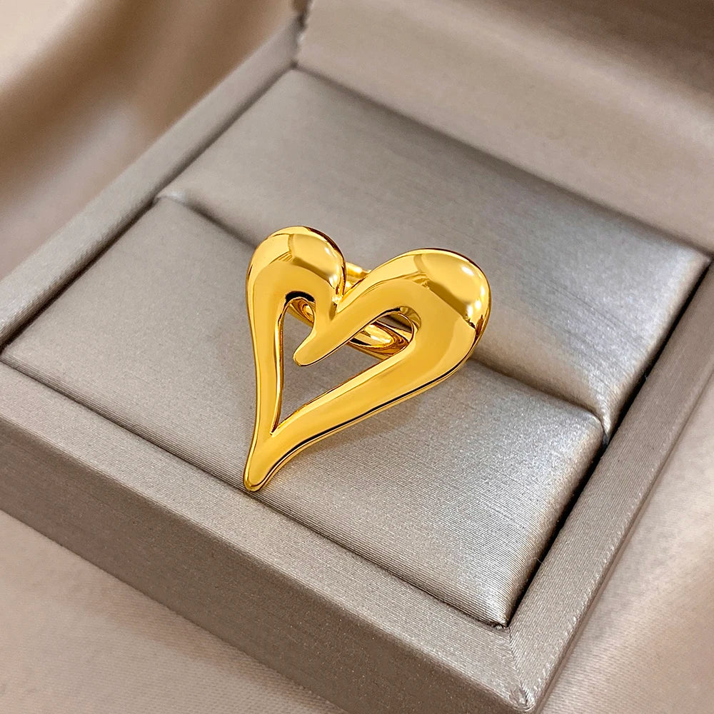 Flashbuy Trendy Gold Color Asymmetric Hollow Heart Stainless Steel Ring For Women Statement Fashion Jewelry Valentine's Day Gift