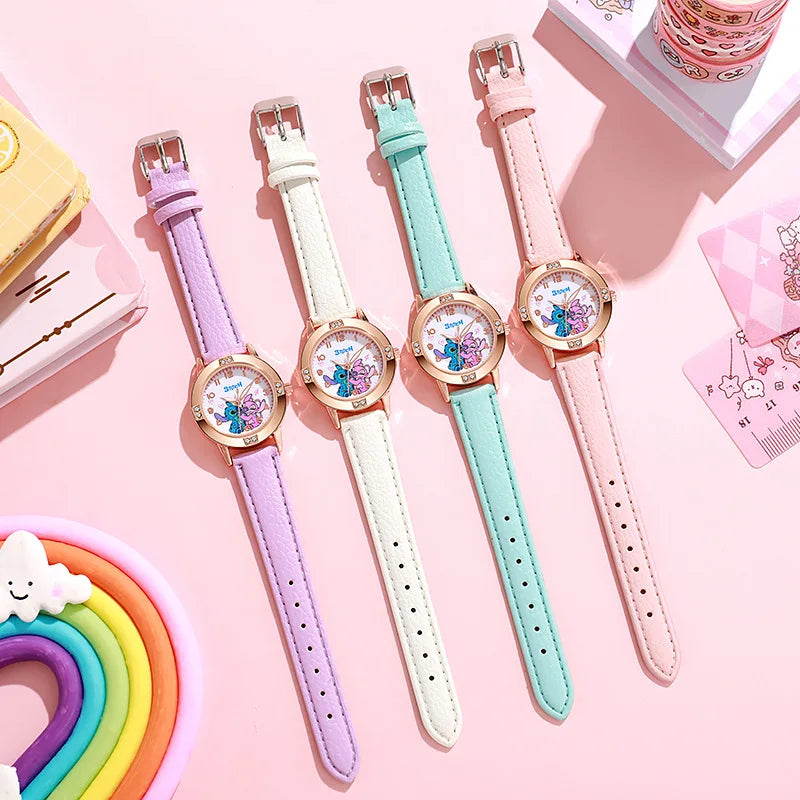 Fashion Cartoon Pattern Stitch Girls Watches Kids Leather Strap Children Watch with Rhinestone Dial reloj stich Exquisite Gift