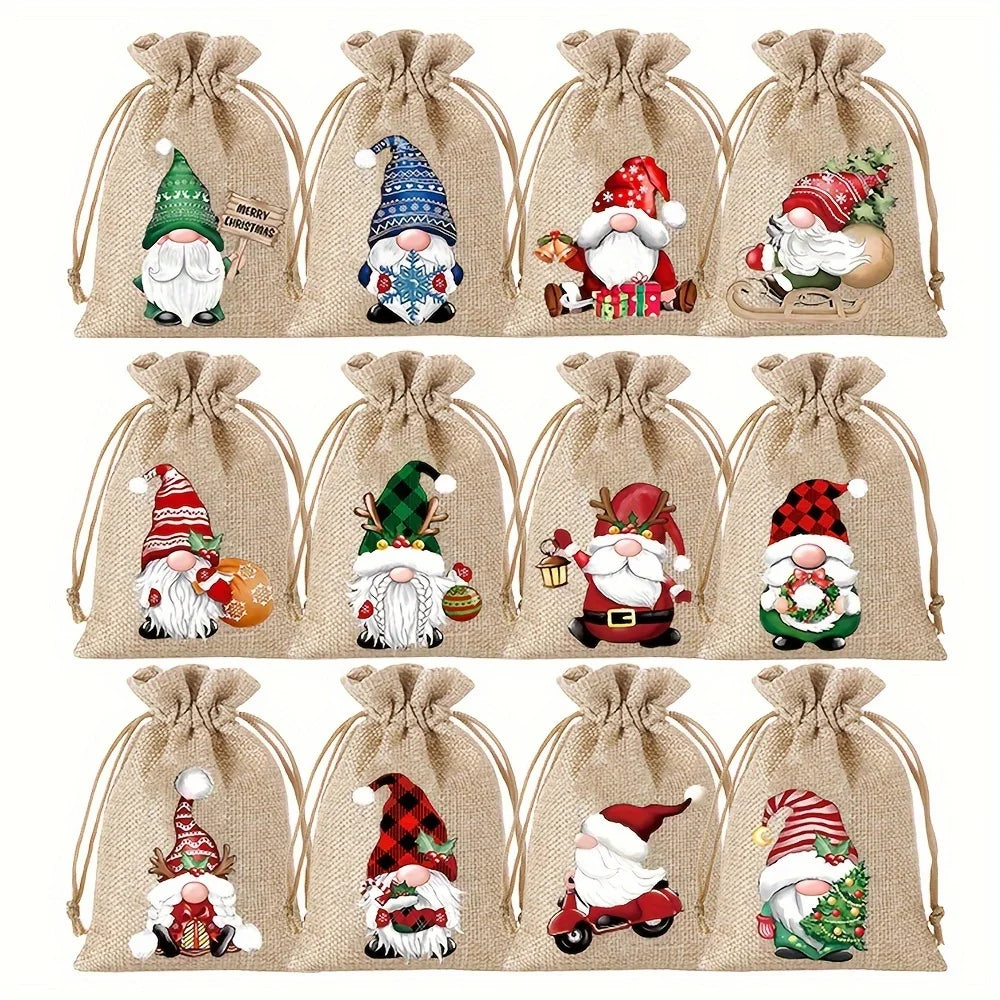 12Pcs Retro Red Truck Christmas Drawstring Pockets, Various Christmas Element Carriers, Painted and Printed Fabric Small Bags