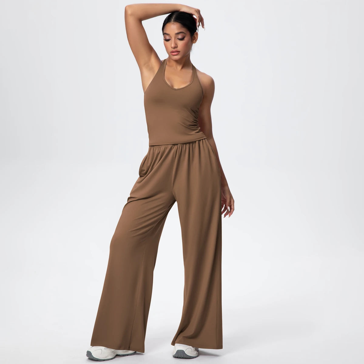 Breathable Loose Wide Leg Pants and Yoga Vest Set Solid Color High Stretch Pockets Pants Beautiful Back T-shaped Vest Yoga Suit